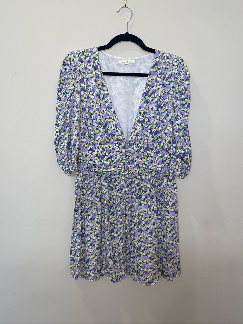 Et Clet Cottagecore Lavender Yellow & White Floral V-Neck Mini Dress Puff Sleeve